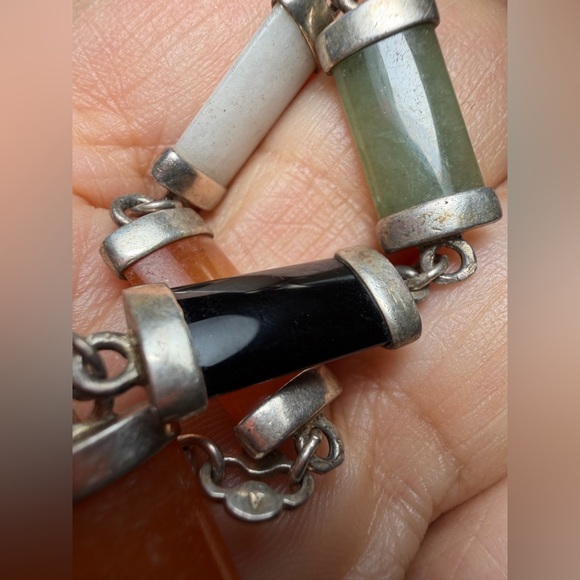 Vintage 925 Sterling Silver Multi-Colored Jade Link Bracelet - Picture 9 of 10